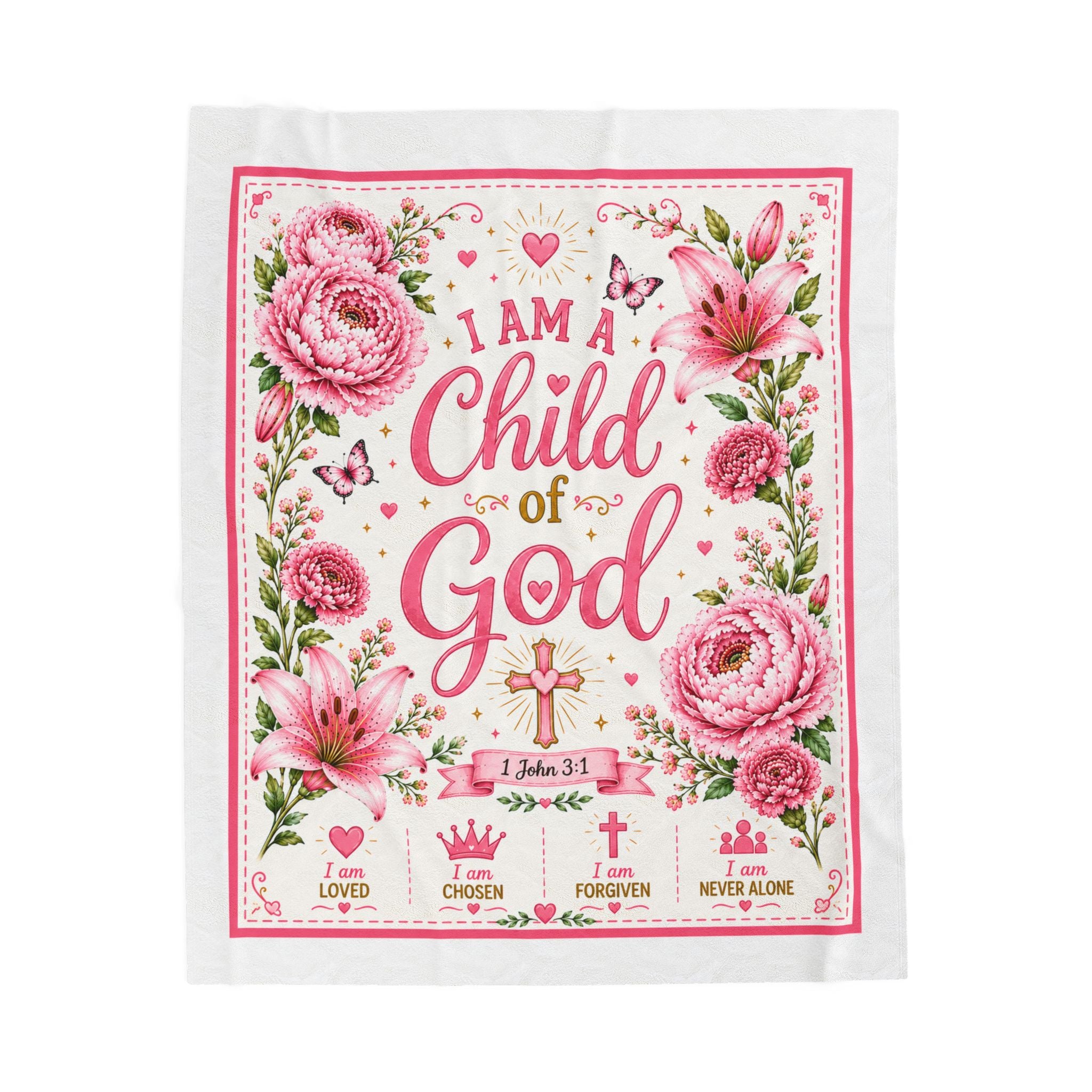 I Am a Child of God Velveteen Blanket | Floral Christian Scripture Throw