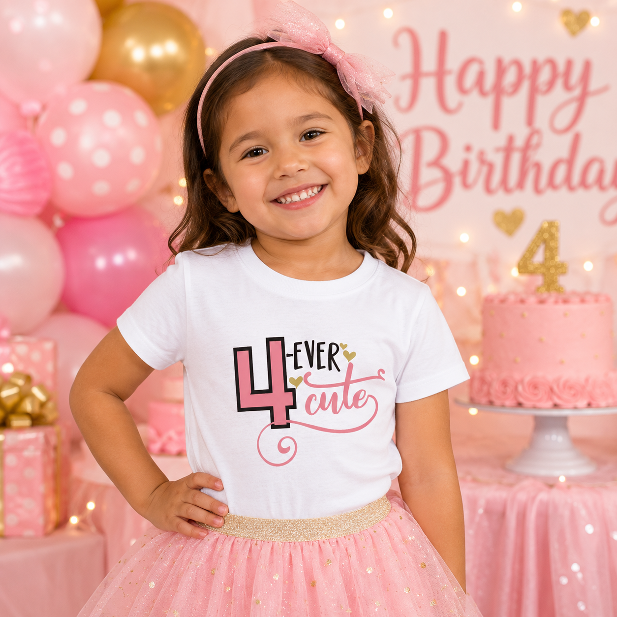 Toddler Tee - "4 Ever Cute" 4th Birthday Pink Graphic Shirt