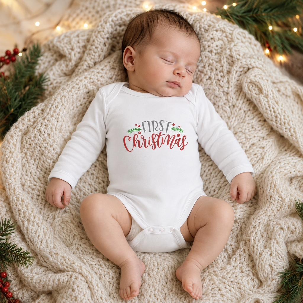 First Christmas Infant Bodysuit — Baby’s First Christmas Long Sleeve Onesie