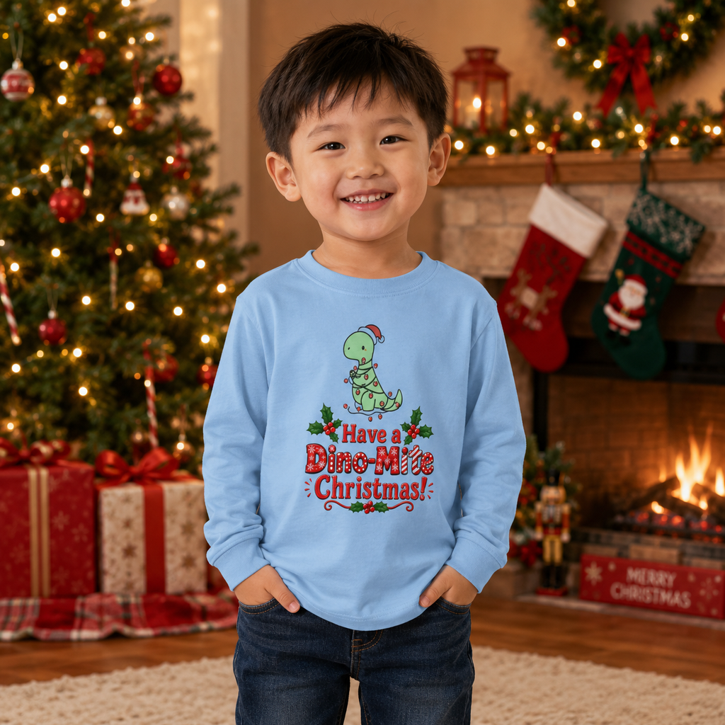 Toddler Long Sleeve Tee — "Have a Dino-Mite Christmas!" Cute Dinosaur Christmas Holiday Shirt