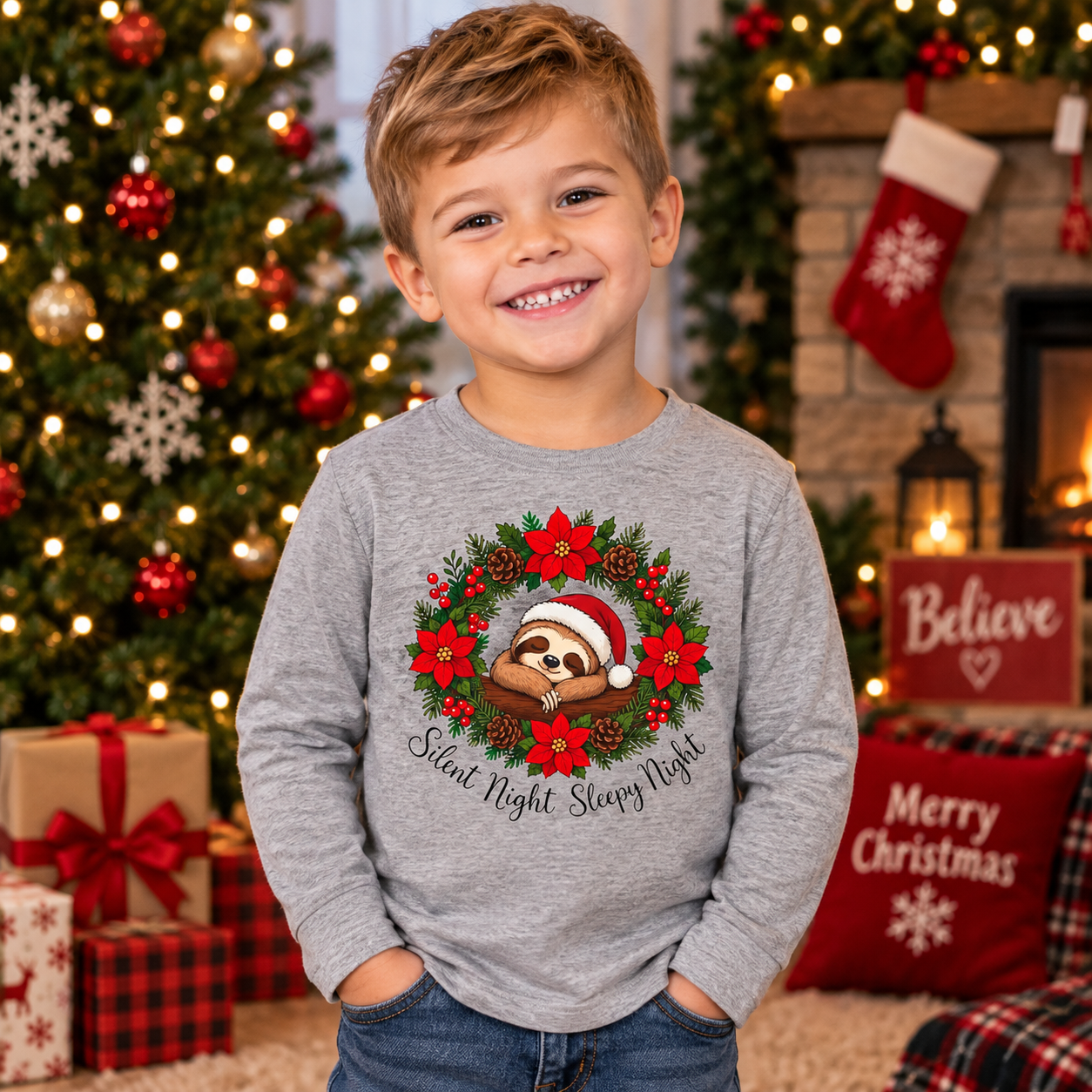 Santa Sloth in Poinsettia Wreath Toddler Tee | Christmas holiday kids shirt