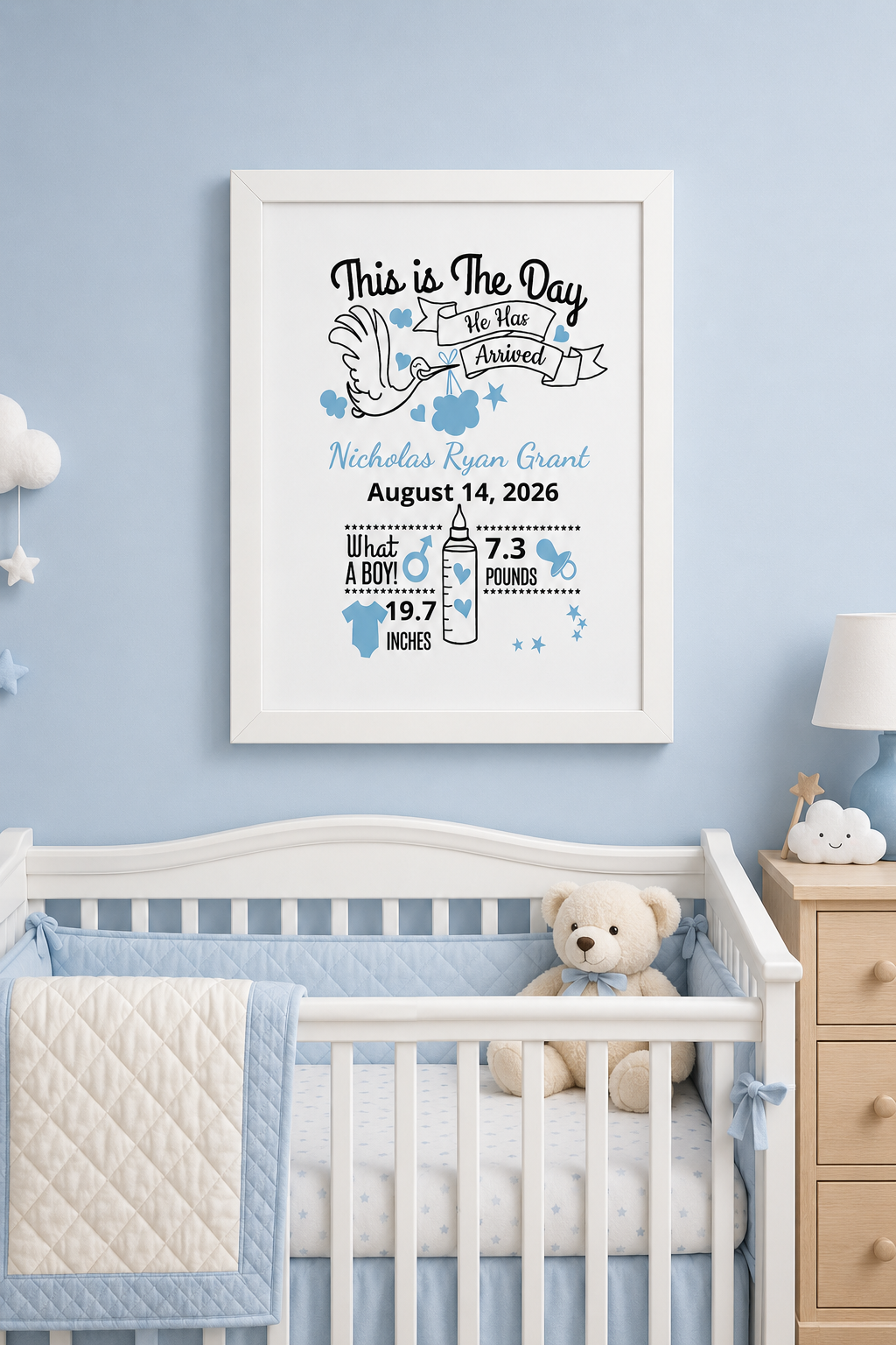 Birth Announcement Framed Poster — "This Is The Day He Has Arrived" with Name & Stats