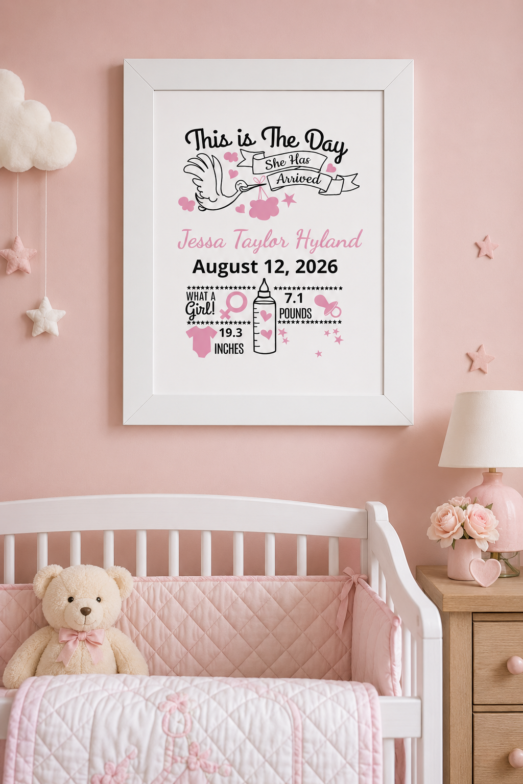 New Baby Birth Announcement Poster — "This is the Day She Has Arrived" Framed Vertical Print