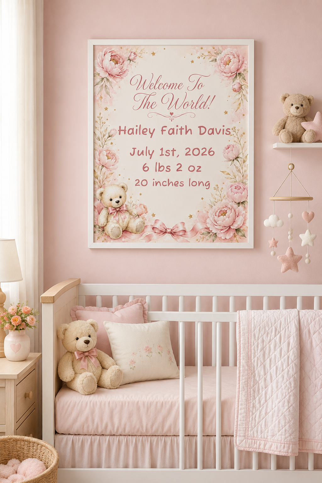 Personalized Baby Birth Announcement Poster — "Welcome To The World" Floral