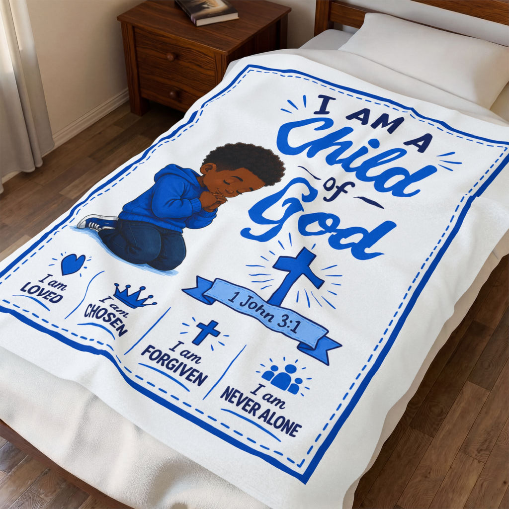 Child of God Velveteen Plush Blanket — Christian Baby/Kid Prayer Blanket (I Am Loved, Chosen, Forgiven)