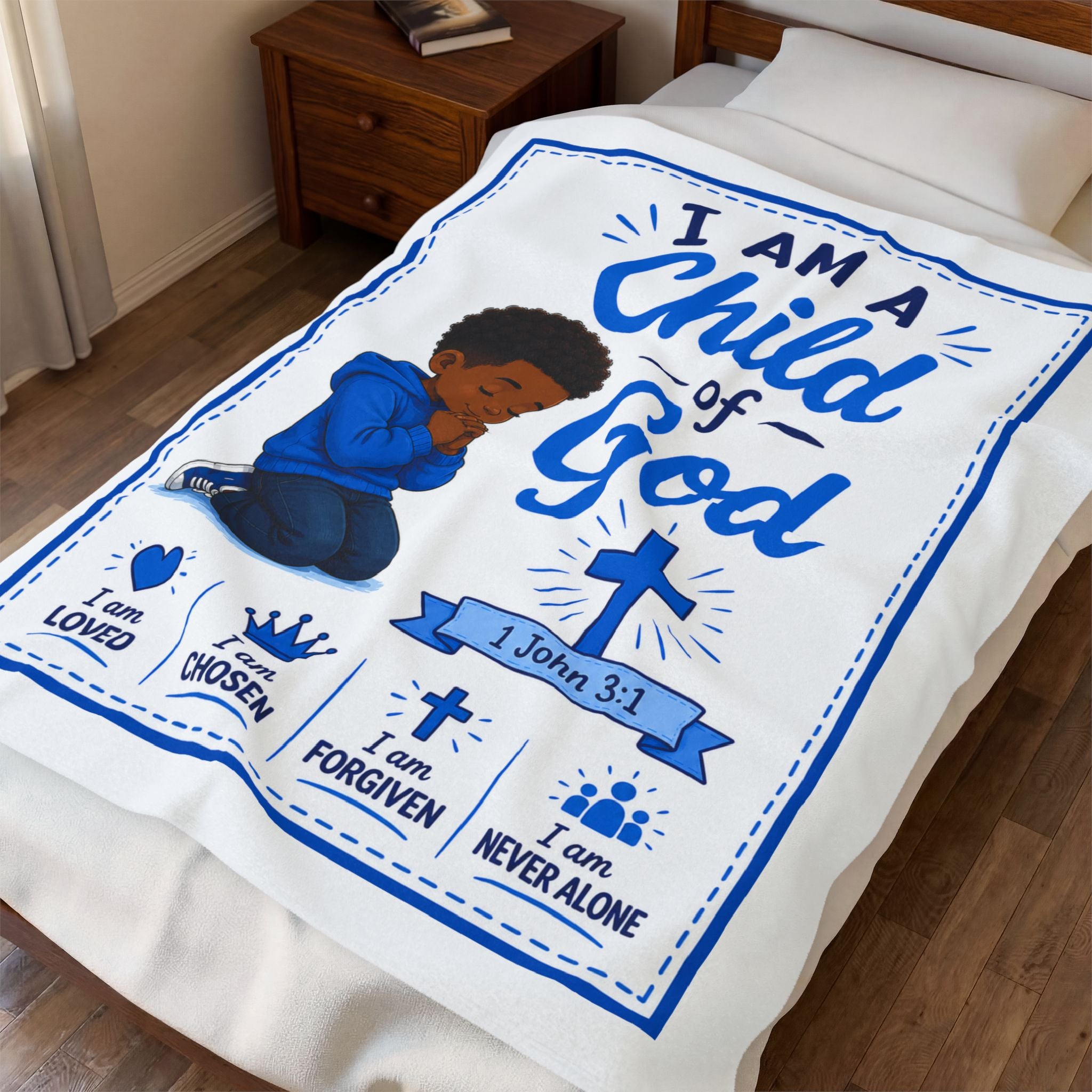 Child of God Velveteen Plush Blanket — Christian Baby/Kid Prayer Blanket (I Am Loved, Chosen, Forgiven)