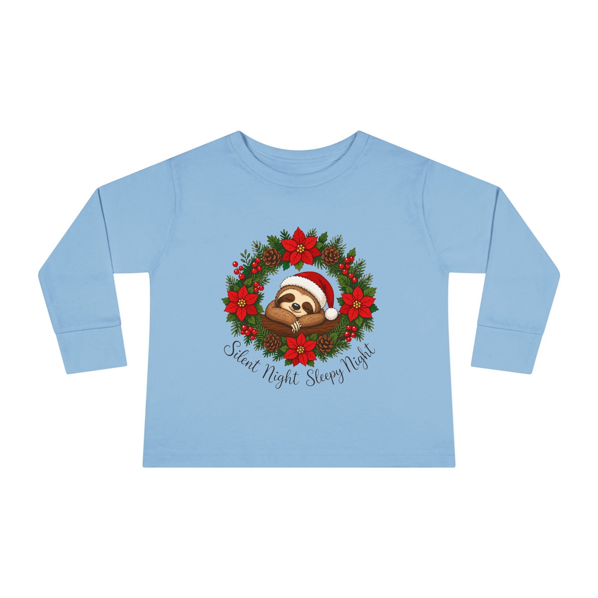 Santa Sloth in Poinsettia Wreath Toddler Tee | Christmas holiday kids shirt