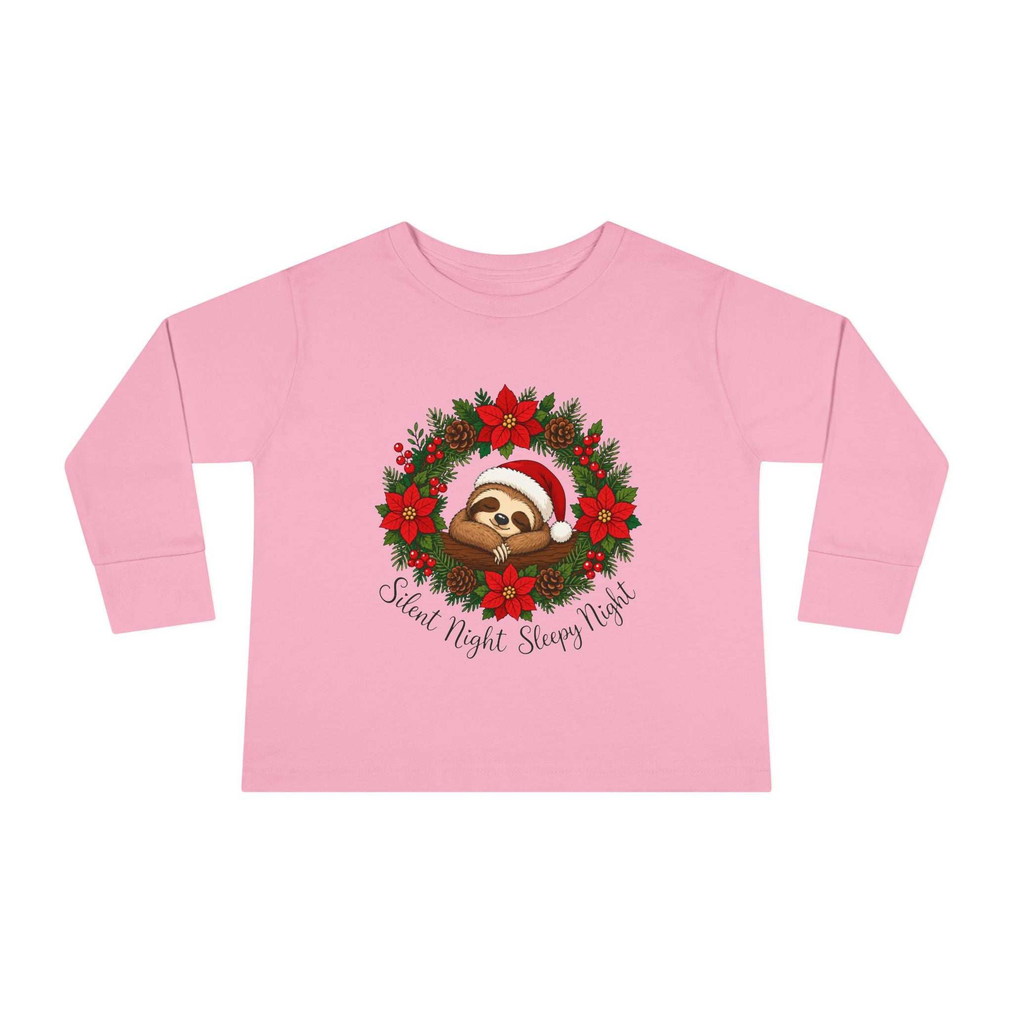 Santa Sloth in Poinsettia Wreath Toddler Tee | Christmas holiday kids shirt