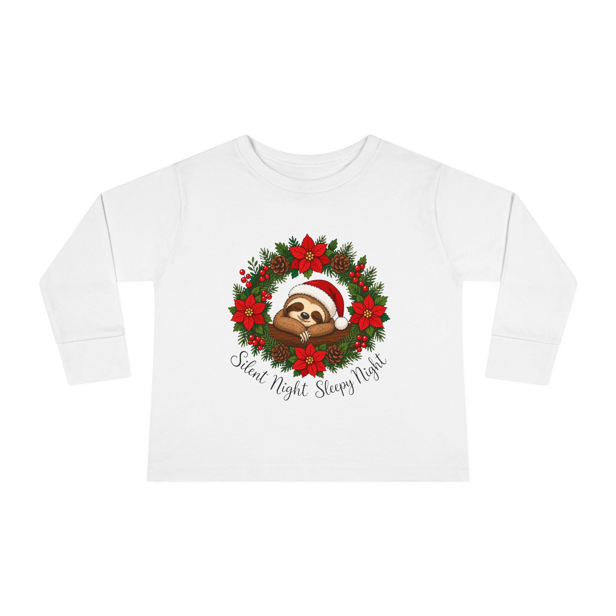 Santa Sloth in Poinsettia Wreath Toddler Tee | Christmas holiday kids shirt
